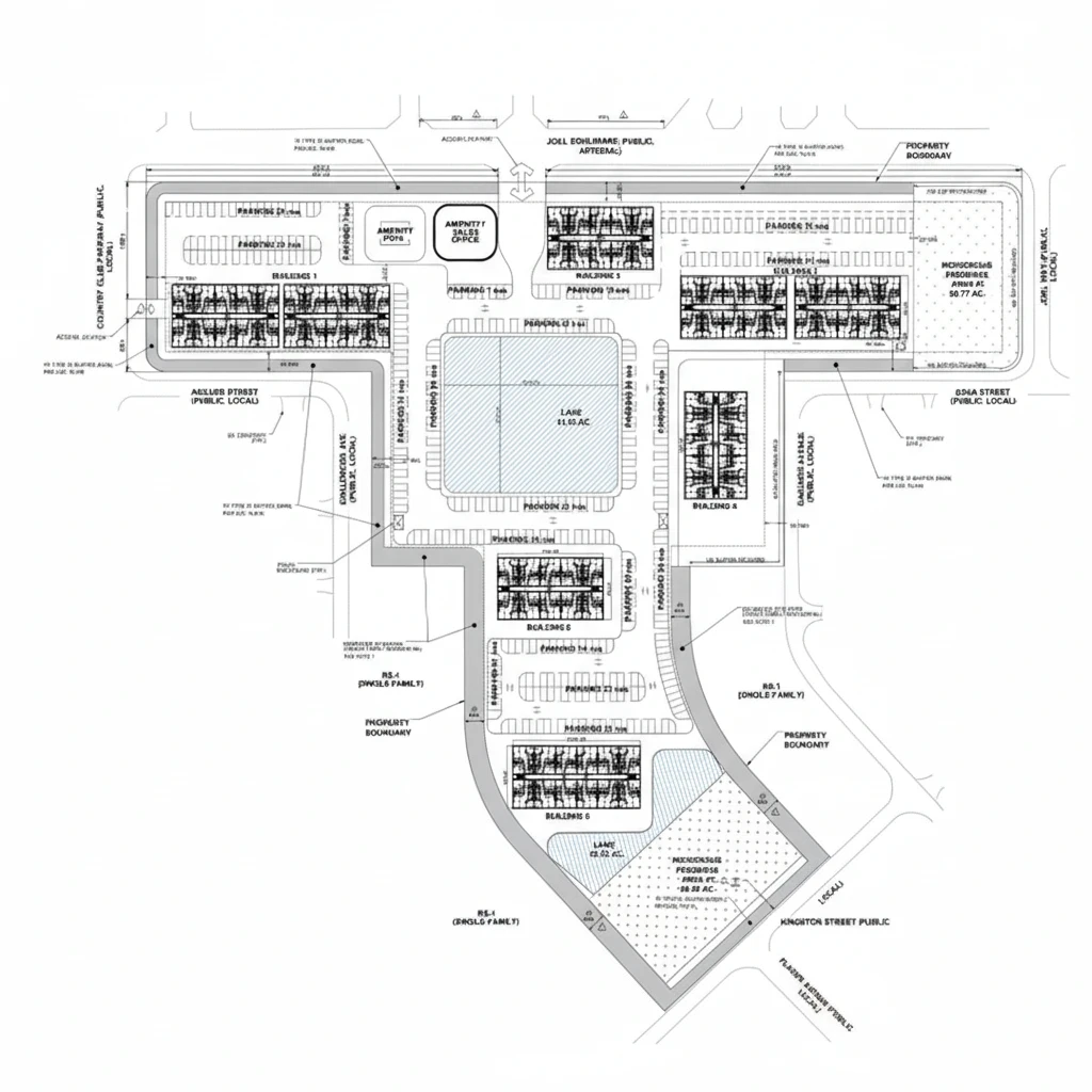 Architectural plan for a multi-family property rezoning case study.